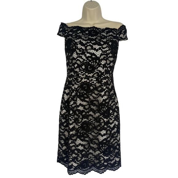 Aidan Mattox Black Lace Off Shoulder Sheath Special Occasion Dress Size 4 - Picture 4 of 10